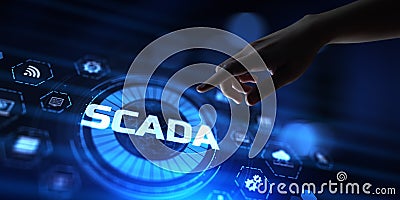 SCADA system Supervisory Control And Data Acquisition technology concept. Hand pressing button Stock Photo