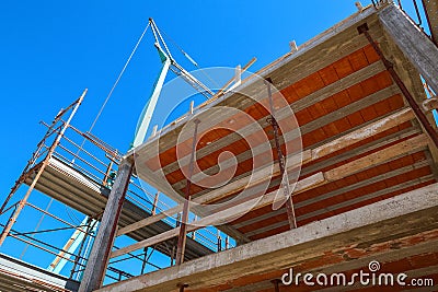 Scaffolding house restoration restore building company building panels panorama landscape Stock Photo