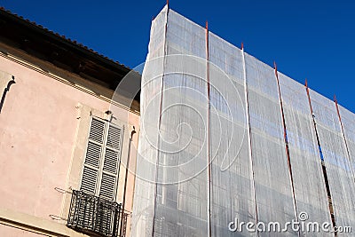 Scaffolding restoration home house panels beams detail panorama landscape work detail Stock Photo