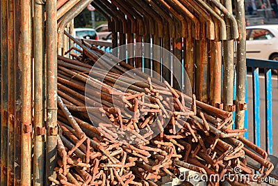 Scaffolding steel pile in the city street Stock Photo