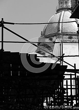 Scaffolds with a dome on the background, black and white Stock Photo