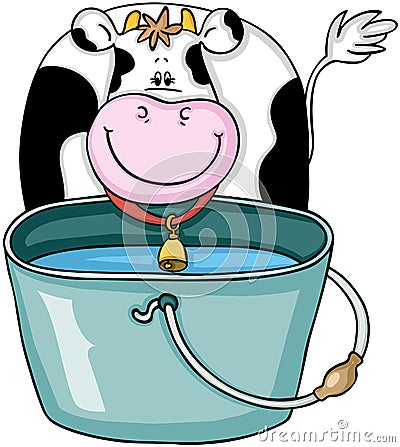 Cute cow with bucket with water Vector Illustration