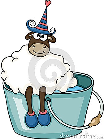 Cute sheep sitting bucket water Vector Illustration