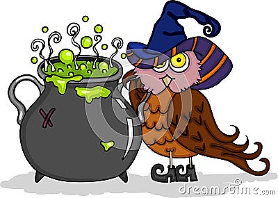 Halloween cute owl with witch caldron Vector Illustration