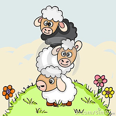 Stack of three sheeps on field illustration Vector Illustration