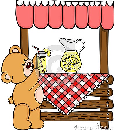Teddy bear and wooden lemonade stand Vector Illustration