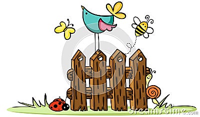 Wooden fence with bird and bugs Vector Illustration