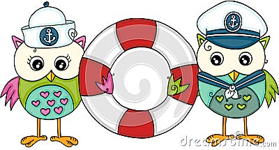 Couple sailors owls holding ring float Vector Illustration