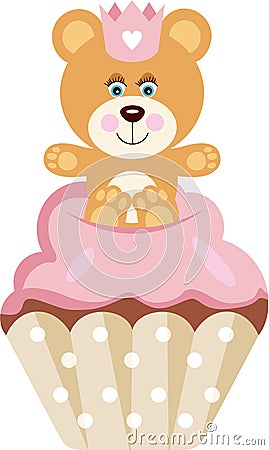 Cute baby girl teddy bear on top of cupcake Vector Illustration