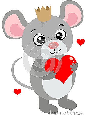 Cute king mouse holding a red heart Vector Illustration