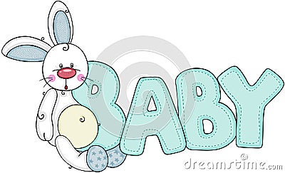 Cute little bunny with word baby of blue Vector Illustration