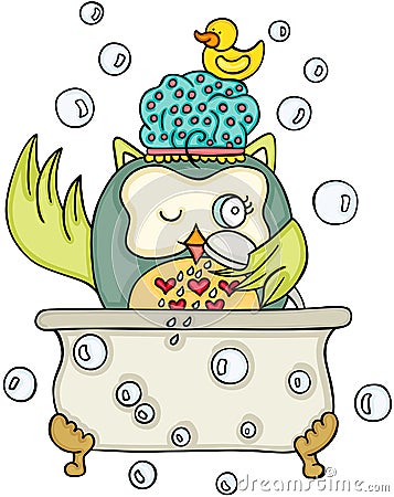 Cute owl taking a bath Vector Illustration