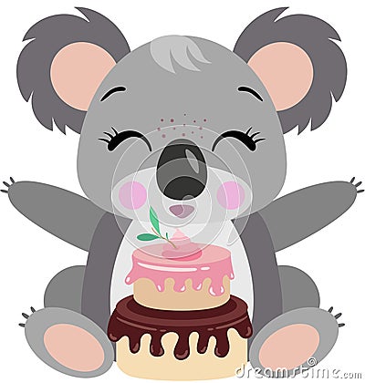 Happy koala with Birthday cake Vector Illustration