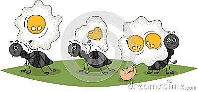 Three ants carrying fried eggs Vector Illustration