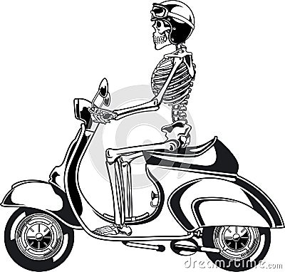 Human skeleton driving vintage motor scooter Vector Illustration