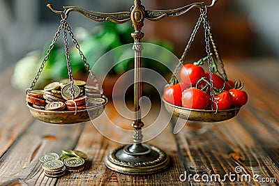 Scale with currency symbols outweighing everyday food, depicting the imbalance between rising prices and stagnant wages Stock Photo