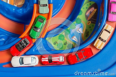 Scale model toy cars accident on the road. Traffic jam. Stupidity. Top view. Stock Photo