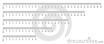 Scale of ruler with numbers set. Horizontal measuring chart with 30, 25, 20, 25, 10 centimeters markup. Distance, height Vector Illustration