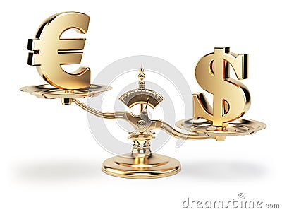 Scale with symbols of currencies euro and US dollar isolated on white background Cartoon Illustration