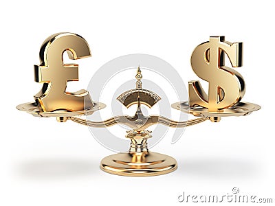 Scale with symbols of currencies UK pound and US dollar isolated Cartoon Illustration