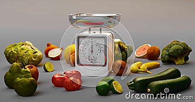 Scale with vegetables and fresh fruits Stock Photo