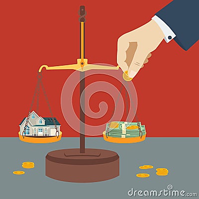 Scale weighing money and house. Financial concept. Vector Illustration