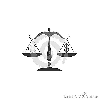 Scale weighing money and time icon isolated. Scales with hours and a coin. Balance between work and the given time Vector Illustration