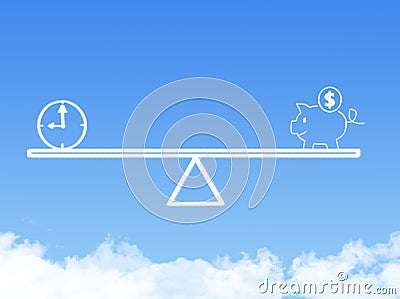 Scale weighing piggy bank and time cloud shape Stock Photo