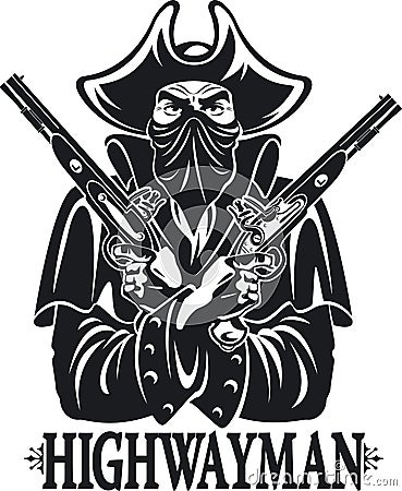 Masked highwayman holding two flintlock pistols Vector Illustration