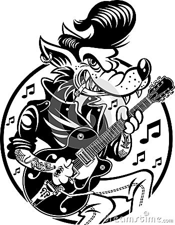 Rockabilly style wolf playing a electric guitar Vector Illustration