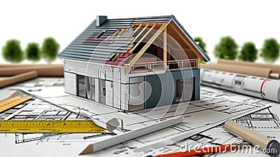 Scaled replica house with digital schematics, redesign plans, workshop, physical model house with screens, pencils Stock Photo