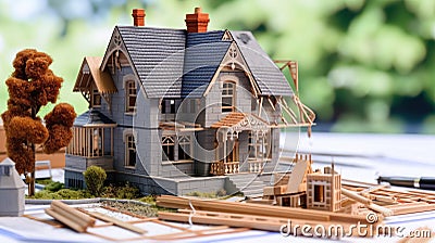 Scaled replica house with digital schematics, redesign plans, workshop, physical model house with screens, pencils Stock Photo