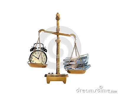 Scales balance with alarm clock and pack of dollars Stock Photo