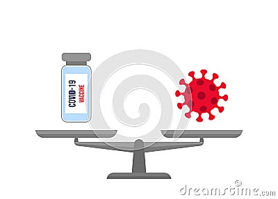 Scales in balance vaccine and coronavirus icon. Vaccination and sick virus sign in comparison, choise. Weights with medication and Vector Illustration