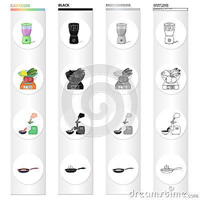 Scales with a bowl of vegetables, a blender for cooking, an electric meat grinder, a frying pan with a fried egg Vector Illustration