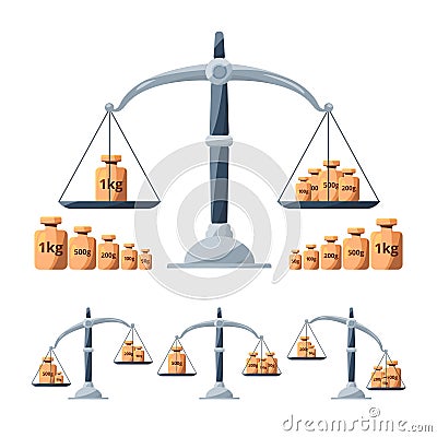 Scales calibration tools. Different weights for scales isolated. Balance concept pictures Vector Illustration