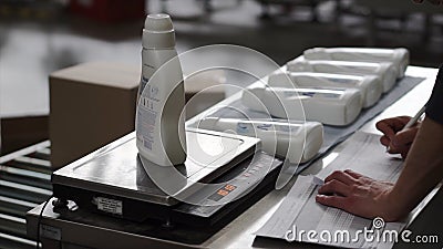 Scales in the chemical laboratory on which the bottle stands. Clip. Chemistry setup for distillation Stock Photo