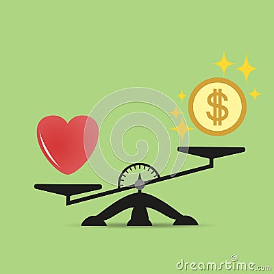 Scales comparison of money and heart. A balance between love of heart and money. Love is more valuable than money. Vector. Vector Illustration