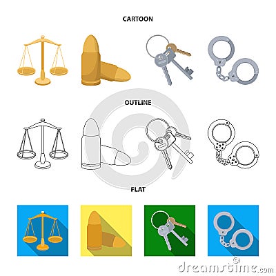 Scales of justice, cartridges, a bunch of keys, handcuffs.Prison set collection icons in cartoon,outline,flat style Vector Illustration