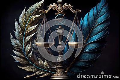 scales of justice, with feather symbolizing the light touch of justice Stock Photo