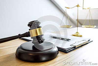 Scales of justice and Gavel on sounding block, object and law bo Stock Photo