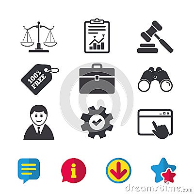 Scales of Justice icon. Auction hammer and case. Vector Illustration