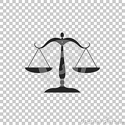 Scales of justice icon isolated on transparent background. Court of law symbol. Balance scale sign Vector Illustration