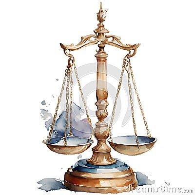 Scales of justice. Watercolor illustration. Law Concept Of Judiciary, Jurisprudence And Justice Cartoon Illustration