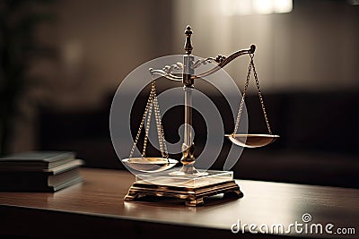 Scales of justice on a wooden table. The concept of the law of the judiciary, jurisprudence and justice. Blurred background. Stock Photo