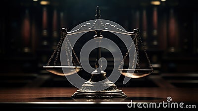 Scales of justice on a wooden table in a courtroom or law enforcement office Generative AI Cartoon Illustration