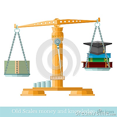 Scales with money hat graduate book on different scale Vector Illustration