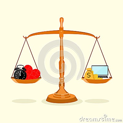 Scales with money Heart watch and work Work concepts and balance in living Vector Illustration