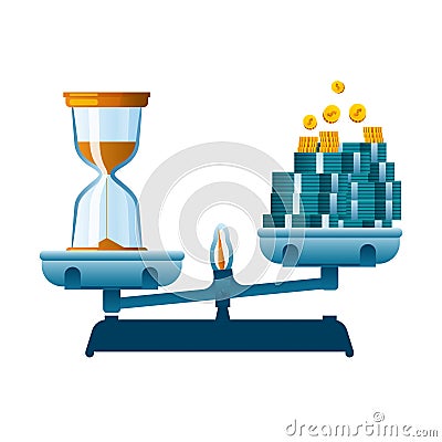 Scales on one side of which there is an hourglass on the second side there are bundles of money. Vector Illustration