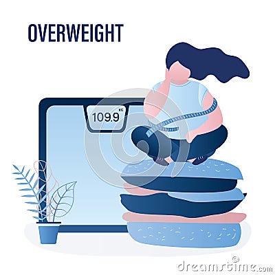 Scales and overweight woman sitting on big hamburger. Obesity health problem concept Vector Illustration